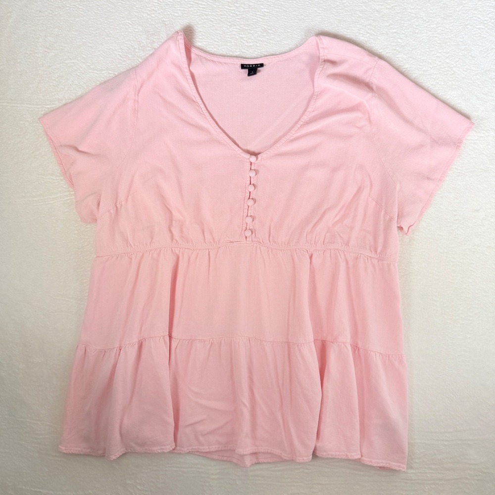 TORRID Pink Tiered Babydoll V Neck Button Front Short Sleeve Blouse Plus Size 3